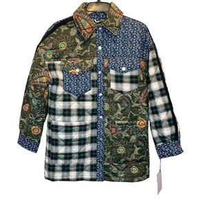 Avec Les Filles Patchwork Cotton Shirt Jacket Green & Navy Paisley Plaid XS